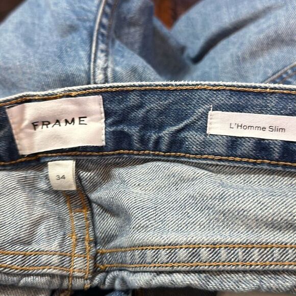 Frame Jeans Mens 34 Blue L Homme Slim Light Wash Distressed Straight Leg 34 - Picture 10 of 13